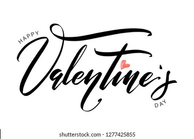 Valentines Day creative artistic hand drawn card. Vector illustration. Love, romantic template. Happy Valentine's day words by hand with red heart shape inside.
