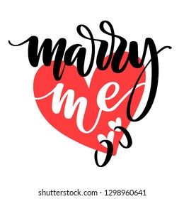 Valentines Day creative artistic hand drawn card. Vector illustration. Wedding, love, romantic template. Marry me words with heart and rings.