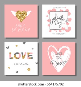 Valentine`s Day creative artistic hand drawn cards set. Vector illustration. Wedding, love, romantic template.