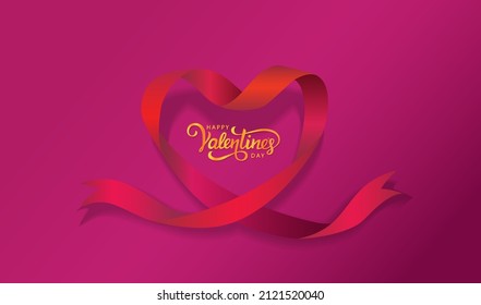 Valentines day creative background with text and heart of red ribbon.