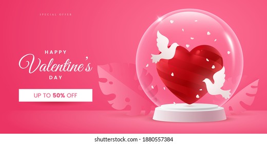 Valentine's day creative banner concept in pink colours. Composition with red heart and two doves in a glass ball. Symbol of love. Realistic 3d style. Ideal for invitation, postcard, greeting card.