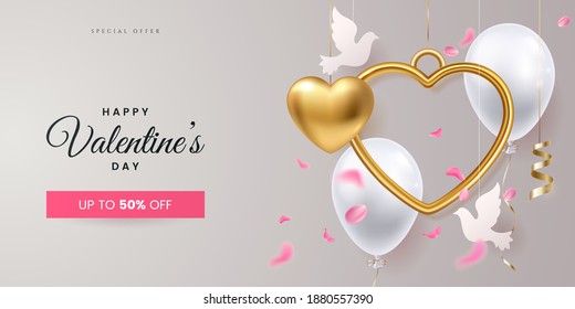 Valentine's day creative banner design. Composition with hanging golden hearts, two paper doves, helium balloons and falling roses petals. Greeting card for 14 february or wedding. Vector illustration