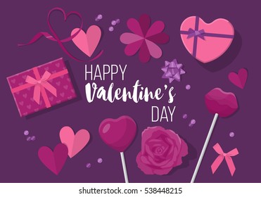 Valentines day creative banner design in flat modern style. Paper cut heart shapes and gift boxes from flat lay top view.