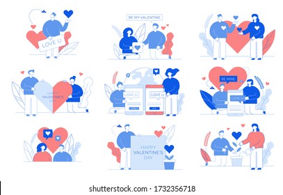 El día de San Valentín creativo gran texto de diseño para jóvenes amantes. Hombre mujer envía cartas de recepción, chateando en medios sociales usando mensaje de bienvenida digital. Comunicación en línea, relación romántica