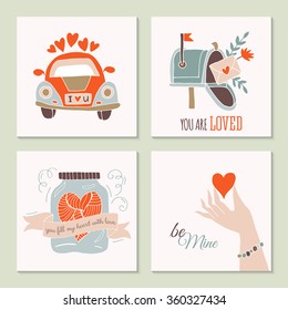 Valentine's day creative hand drawing greeting card set with car, mailbox and jar. Isolated vector illustration