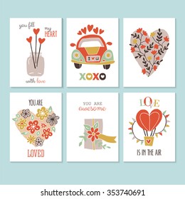 Valentine's day creative hand sketched greeting card set. Isolated vector illustration