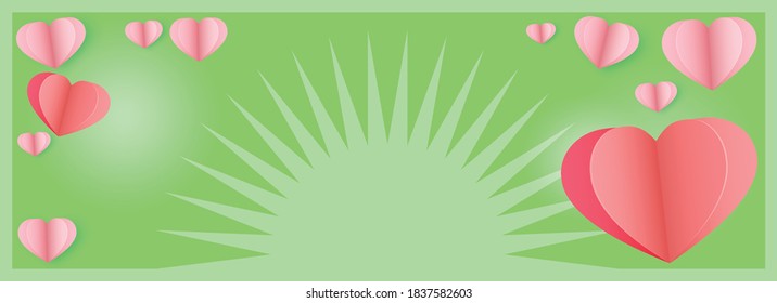 Valentine's Day, Creative paper cut heart decorated glossy Green backgroundwith. copy space. Web banner frame