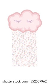 Valentine's Day. Creative pink sleeping cloud raining hearts like confetti. pastel colors. Design elements for a poster or greeting card 