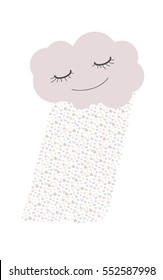 Valentine's Day. Creative pink sleeping and smiling cloud with rain of pattern hearts, like confetti in pastel colors. Design elements for a poster or greeting card Valentine's day