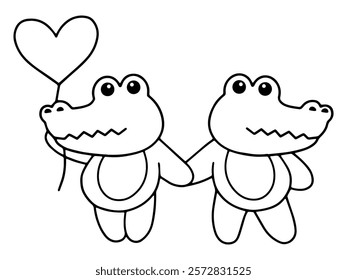 Valentines Day Crocodile Holding Balloon Line Art