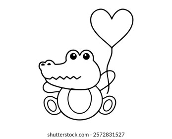 Valentines Day Crocodile Holding Balloon Line Art