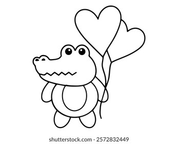 Valentines Day Crocodile Holding Balloons Outline