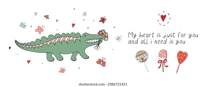 Valentine's day crocodile vector illustrations set.