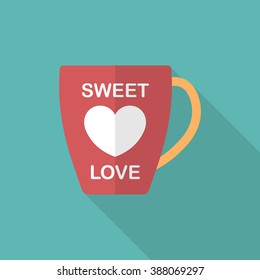 Valentine's day cup icon, Vector flat long shadow design.Fall in love