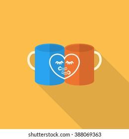 Valentine's day cup icon , Vector flat long shadow design.Fall in love