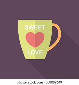 Valentine's day cup icon, Vector flat long shadow design.Fall in love