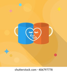 Valentine's day cup icon , Vector flat long shadow design.Fall in love