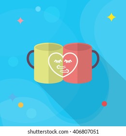 Valentine's day cup icon , Vector flat long shadow design.Fall in love