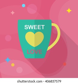Valentine's day cup icon, Vector flat long shadow design.Fall in love