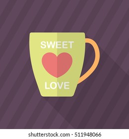 Valentine's day cup icon, Vector flat long shadow design.Fall in love