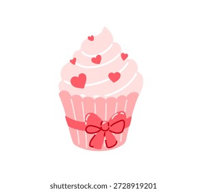 Valentine's Day cupcake decorated with red hearts and bow. Romantic festive dessert. Sweet gift. Vector hand-drawn illustration.