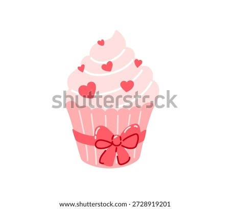 Valentine's Day cupcake decorated with red hearts and bow. Romantic festive dessert. Sweet gift. Vector hand-drawn illustration.