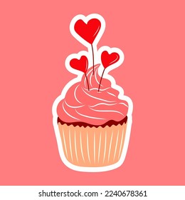 Valentine's Day cupcake icon  with flat style heart isolated on white background. Love Concept. Vector illustration.