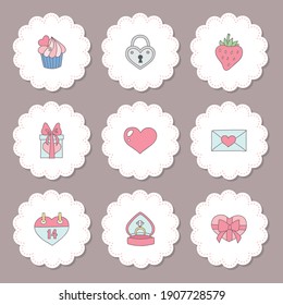Valentine's day cupcake toppers. Set of cupcake toppers with doodle illustrations of Valentine's day symbols such as heart, ring, flowers and cupid. Can be used as greeting cards, gift tags or icons. 