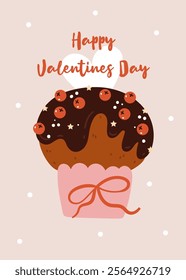 Valentine's Day cupcake with a trendy bow. Card in vintage colors in Scandinavian style.Muffin with hearts decoration in trendy minimalist style.