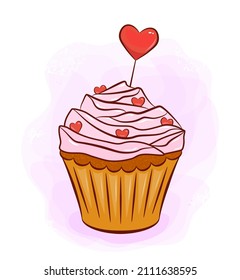 Valentines day cupcake, vector illustration of valentine's day cake with hearts, greeting card poster
