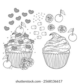 Valentine's day cupcakes with chocolates, cookies, romantic collection of sweet desserts, vector line art