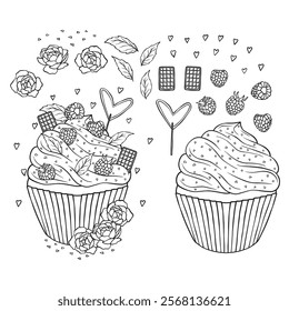 Valentine's day cupcakes with chocolates, cookies, romantic collection of sweet desserts, vector line art