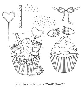 Valentine's day cupcakes with chocolates, cookies, romantic collection of sweet desserts, vector line art