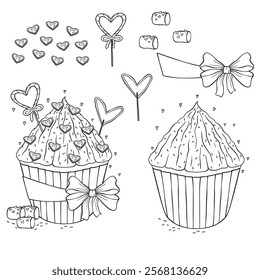 Valentine's day cupcakes with chocolates, cookies, romantic collection of sweet desserts, vector line art