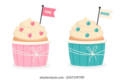 Valentine's Day cupcakes with cream, heart decorations, and romantic text. Sweet dessert for love-themed designs and celebrations. Vector illustration.