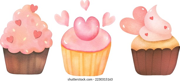 Valentines day cupcakes icon set - cute sweets food. water color design cartoon style dessert vector illustration.