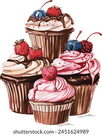 Valentines day cupcakes icon set vector clip art illustration isolated on white background