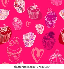 valentine's day cupcakes seamless pattern with hearts, doodle cupcakes
