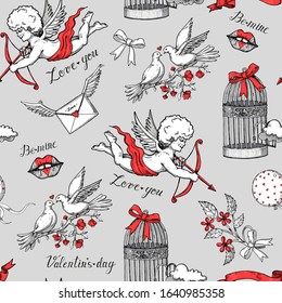 Valentine's day cupid angel hearts in love birds flowers balloons clouds red color seamless pattern on a gray background. Vector illustration.