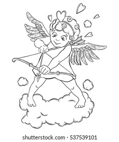 Valentine's day. Cupid with a bow and arrow takes aim. Vector illustration isolated on white background. Card. Coloring page