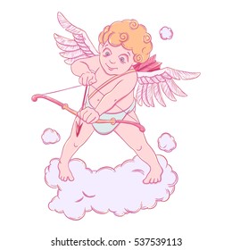 Valentine's day. Cupid with a bow and arrow takes aim. Vector illustration isolated on white background. Card. T-shirt print.