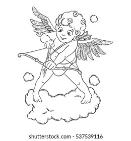 Valentine's day. Cupid with a bow and arrow takes aim. Vector illustration isolated on white background. Card. Coloring page