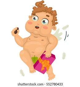 Valentine's Day cupid with box of chocolates. Vector illustration isolated on white background.