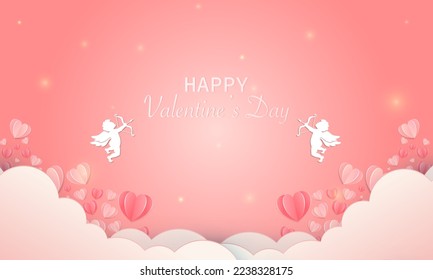 Valentines day with Cupid in clouds, paper cut decoration concept elements, vector illustration. Hearts, happy love angel for Valentines day holidays, romantic Paper art.