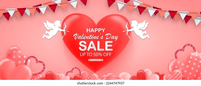 Valentine's day with Cupid in clouds, paper cut decoration concept elements and vector illustration. Hearts, happy love angels for Valentine's day holidays, romantic Paper art.