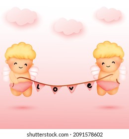 valentines day cupid couple watercolor are holding love banner.sweet angel love character design.baby design with pink pastel clouds.romantic elements for Valentine's Day.