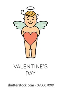 Valentine's Day cupid in flat design. Thin line style. Romantic poster