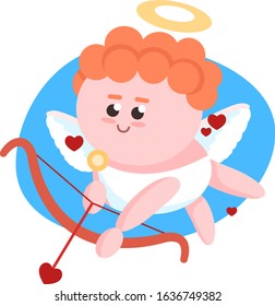 Valentine`s Day. Cupid found his goal. Blue sky, arrow and hearts. Illustration for Valentines day