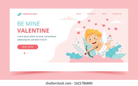 Valentine's day with cupid. Landing page design template, vector illustration in flat style