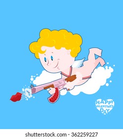 Valentines day. Cupid on cloud. Funny Angel with  gun. Cute curly haired boy with love gun. Illustration for February 14 holiday.